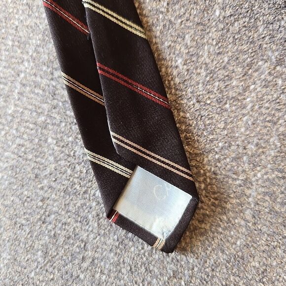 Vintage Christian Dior Brown Repp Striped Silk Tie Embroidered Logo 58" - Picture 5 of 7